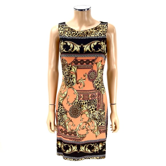 CACHE Sleeveless Sheath Dress SIZE 8 Coral Cocoa Leopard Gold Baroque Print NWT - Picture 3 of 12